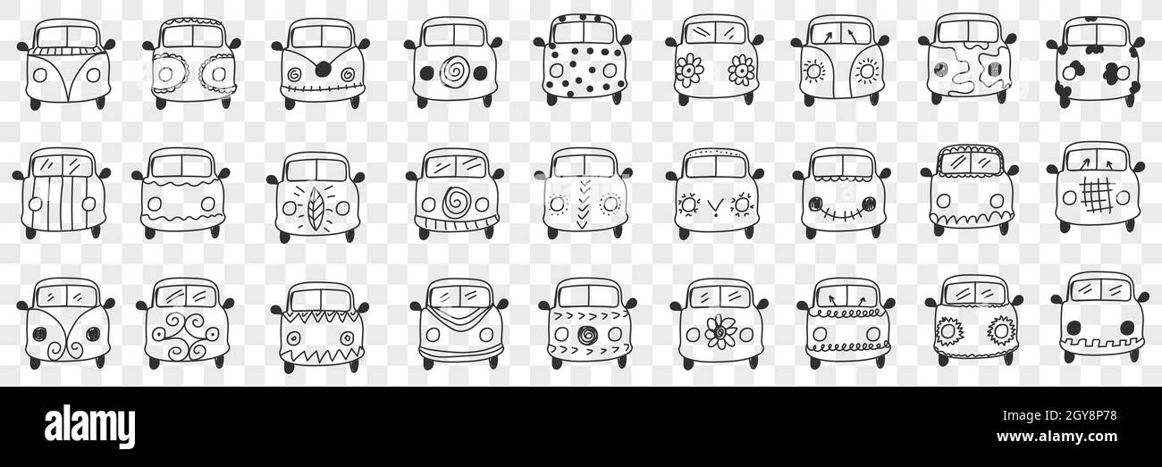 Cars hood and windshield doodle set. Collection of hand drawn cars vehicles hoods and windshields with various patterns and windows isolated on transp Stock Photo