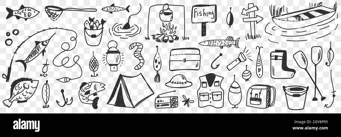 Fishing tools and accessories doodle set. Collection of hand drawn hooks camping worm clothing bucket fishes bonfire lamp for fishing on nature hobby Stock Photo