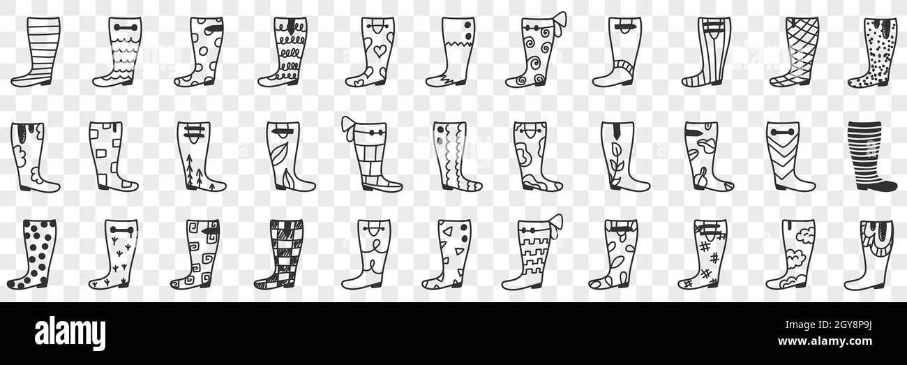 Rubber boots designs doodle set. Collection of hand drawn various