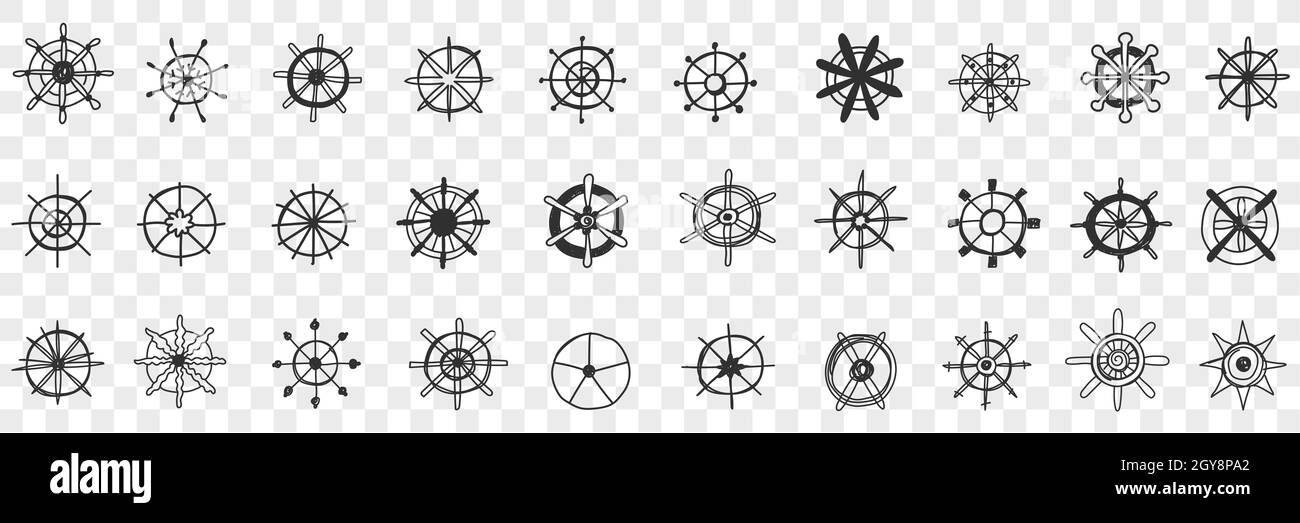 Steering wheel assortment doodle set. Collection of hand drawn various styles of circle steerings wheels on ships boats transport isolated on transpar Stock Photo
