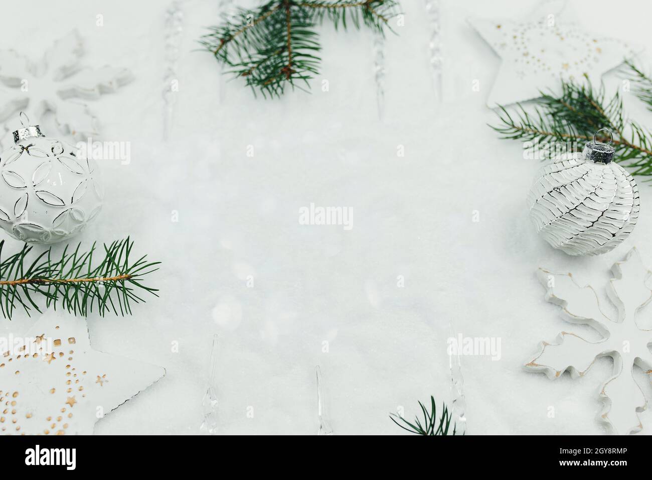 White christmas decor and branches of fir on snow, christmas card, white  christmas background, white christmas balls. High quality photo Stock Photo  - Alamy