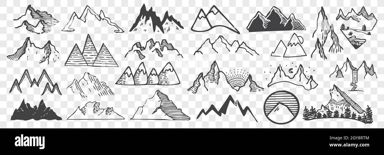 Hand drawn mountain peaks doodle set. Collection of pencil chalk drawing sketches different form