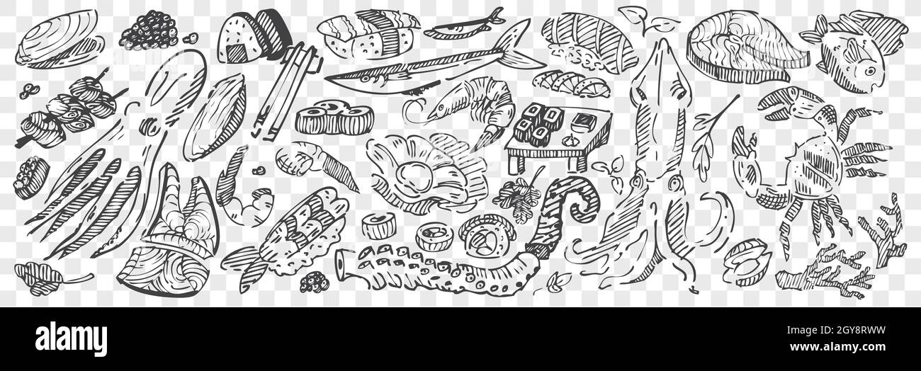 Hand drawn sea food doodle set. Collection of pencil chalk drawing sketches of sushi lobster squid caviar mussels octopus and ocean fish on transparen Stock Photo