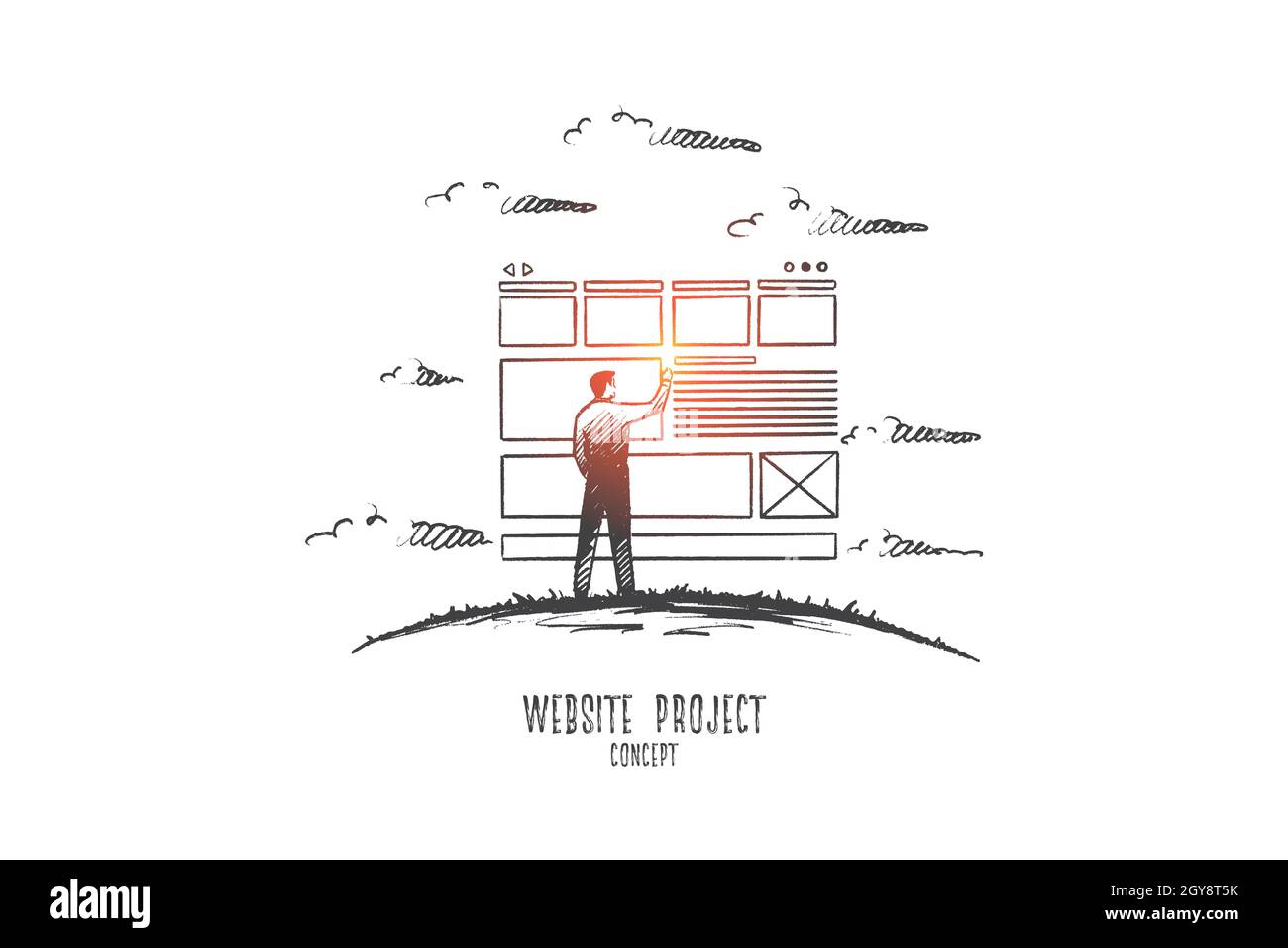 Website project concept. Hand drawn man developing website. Web ...
