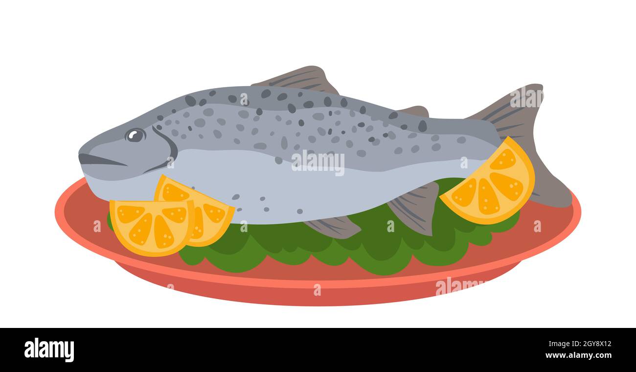 Fresh baked fish with lemon slices - Vector illustration Stock Photo ...