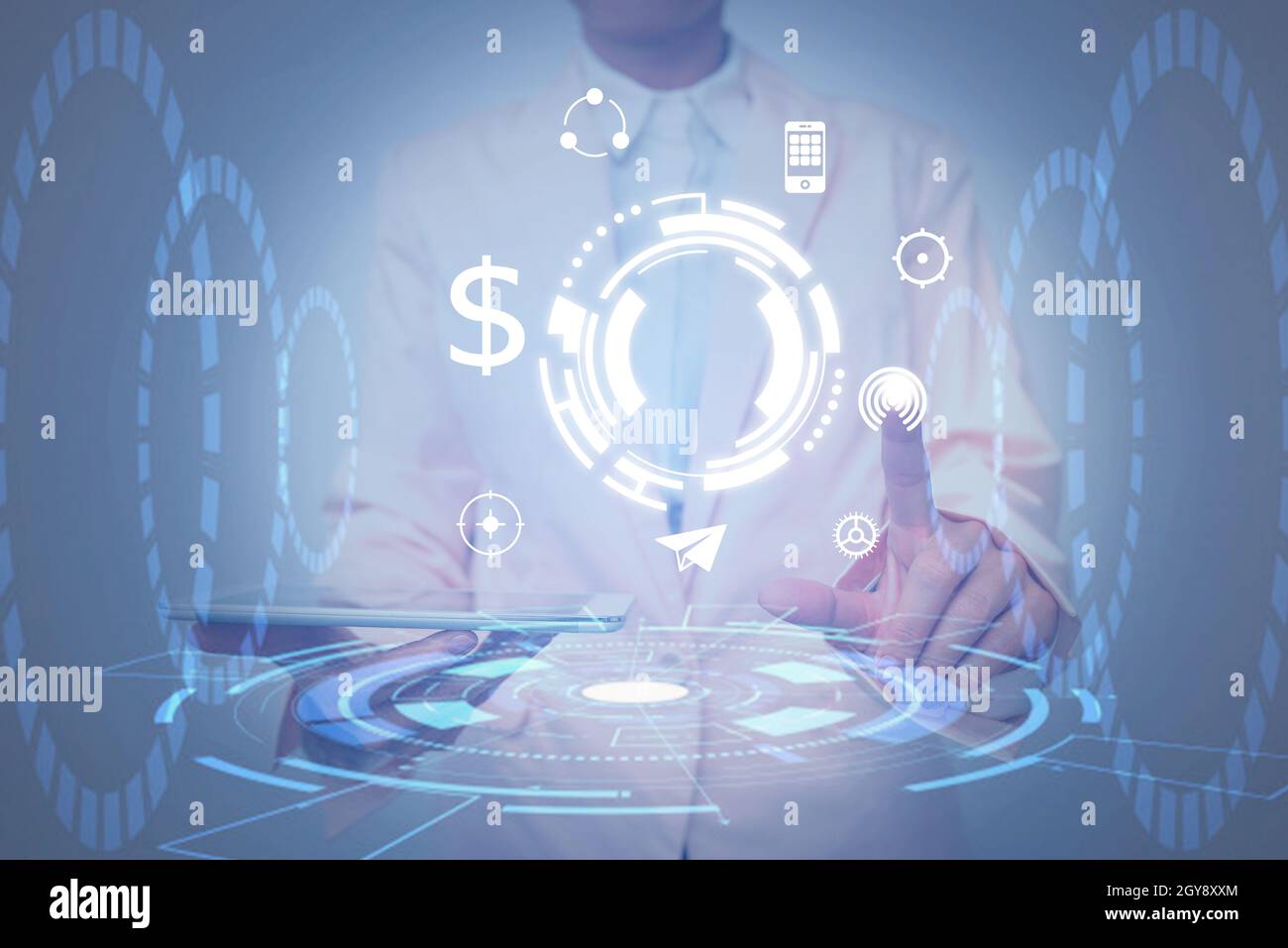 Lady In Uniform Holding Tablet In Hand Virtually Tapping Futuristic Tech. Stock Photo