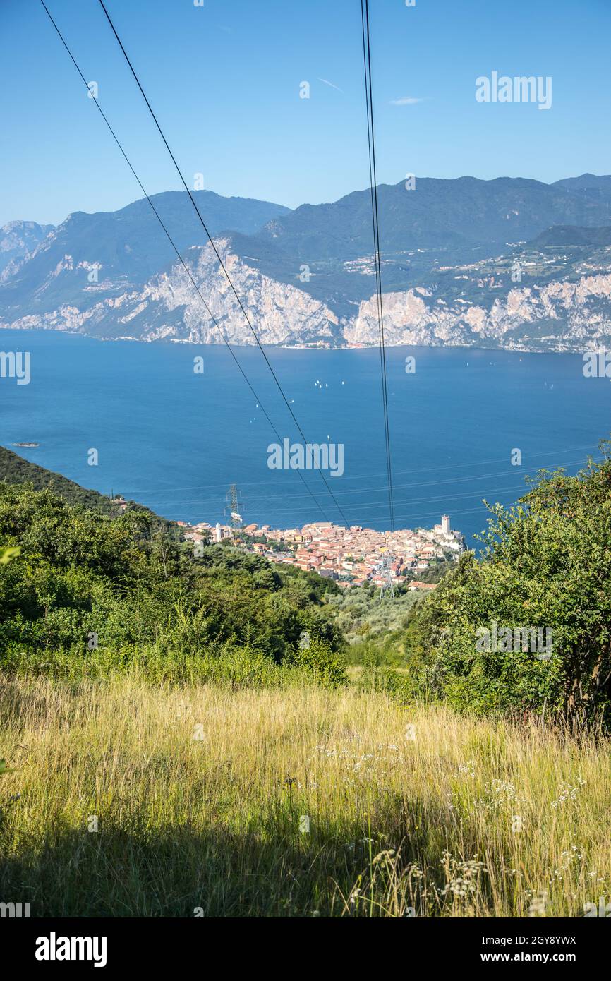 Close up of cable car on Monte Baldo, blue sky Stock Photo