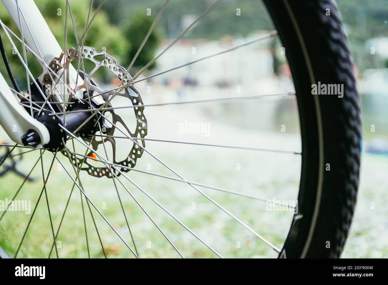 Close up of bike tyres on the beach Stock Photo