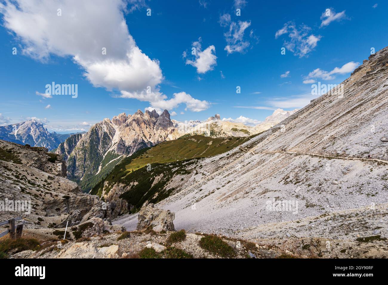 Sesto Dolomites from Tre Cime di Lavaredo. Peaks of Picco di Vallandro, Monte Rudo, Croda dei Rondoi, Torre dei Scarperi, Cima Piatta Alta. Italy. Stock Photo