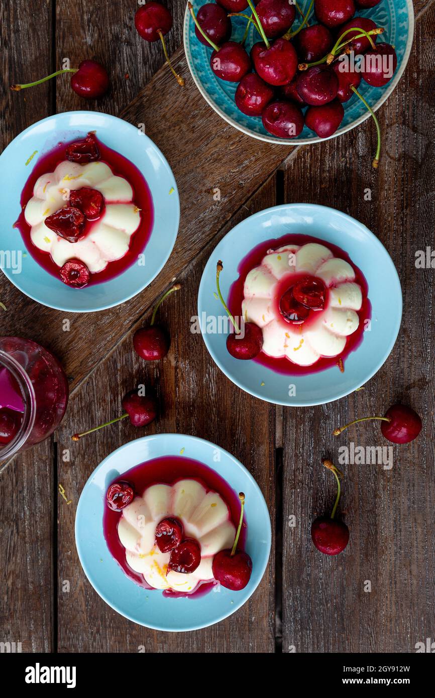 Panna Cotta with fresh cherries and cherry sauce Stock Photo