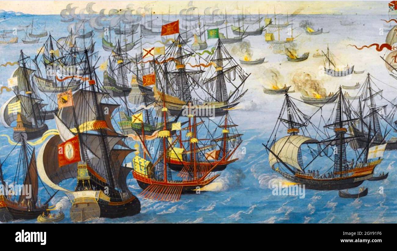 THE SPANISH ARMADA 0f 1588  painted by an unknown artist about 1605 Stock Photo