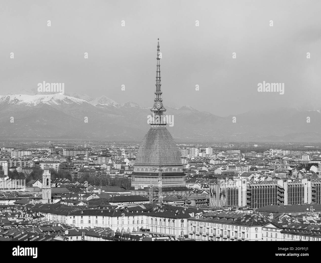 Aerial view of the city of Turin, Italy in black and white Stock Photo ...