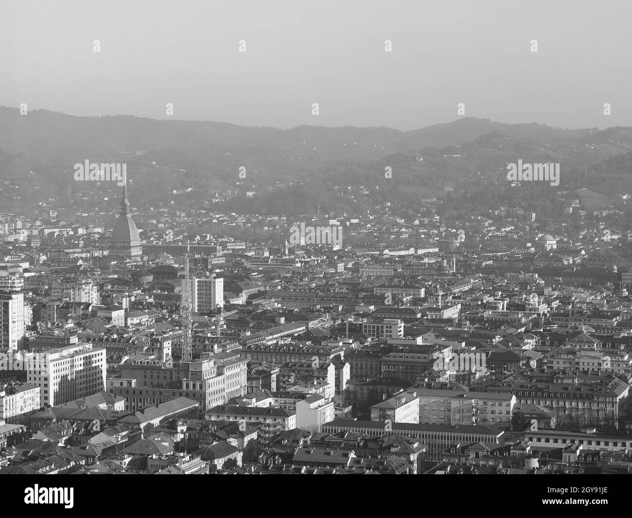 Aerial view of the city of Turin, Italy in black and white Stock Photo ...