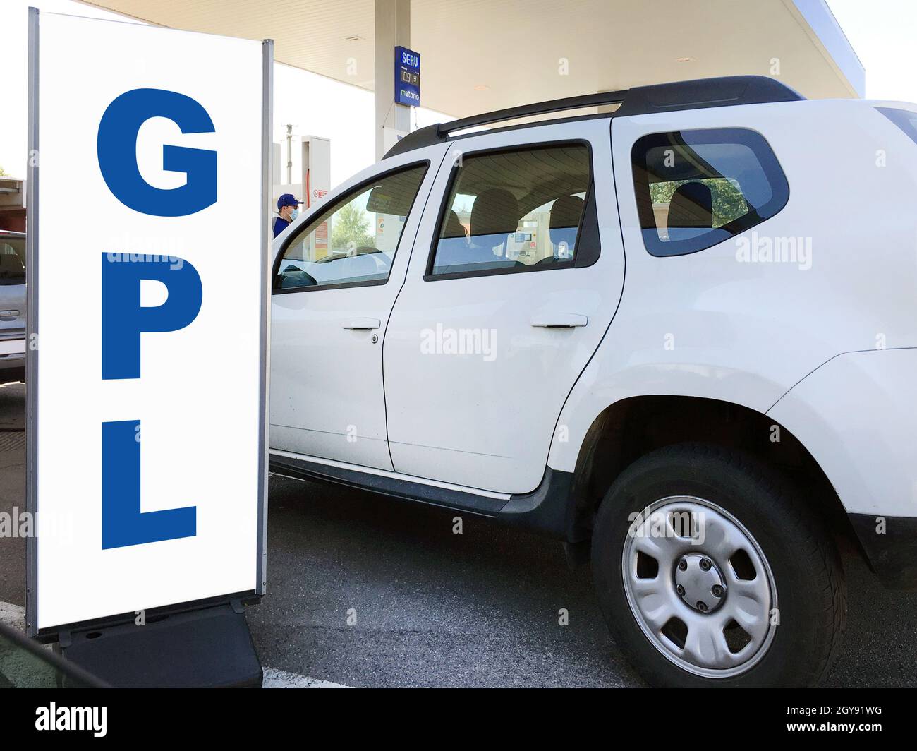 LPG / GPL refueling station. Filling station with pumps. Fuel dispensers LPG. Alternative refuel fuel ,CNG,LPG ,NGV in your vehicle. Stock Photo