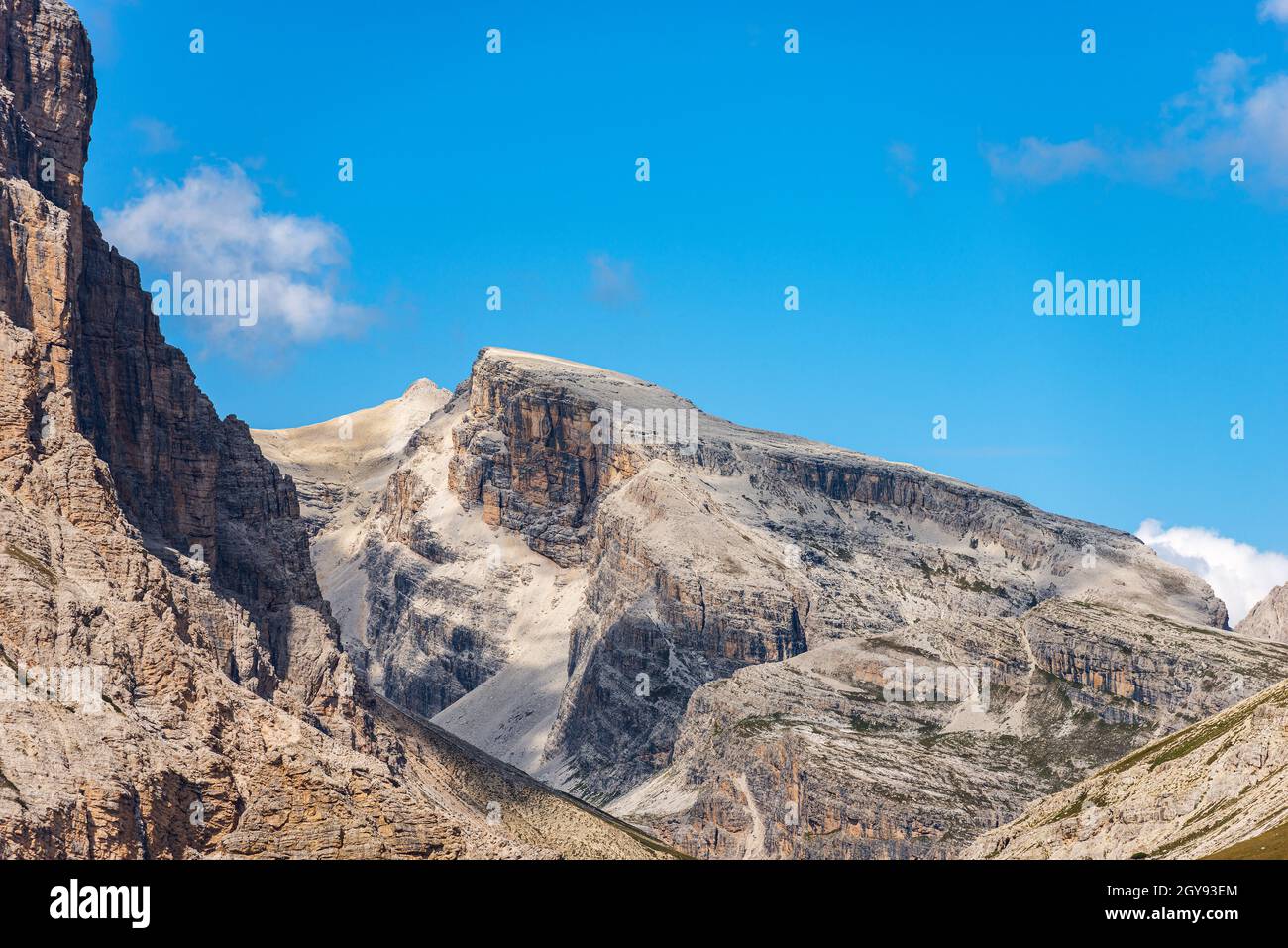 Mountain peak of Croda dei Baranci or Birkenkofel and the Cima Piatta Alta, natural park Tre Cime di Lavaredo or Drei Zinnen, Sesto Dolomites, Italy. Stock Photo