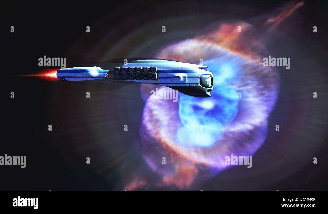 A spacecraft from Earth passes by the Cat's Eye Nebula on an exploratory mission. Stock Photo