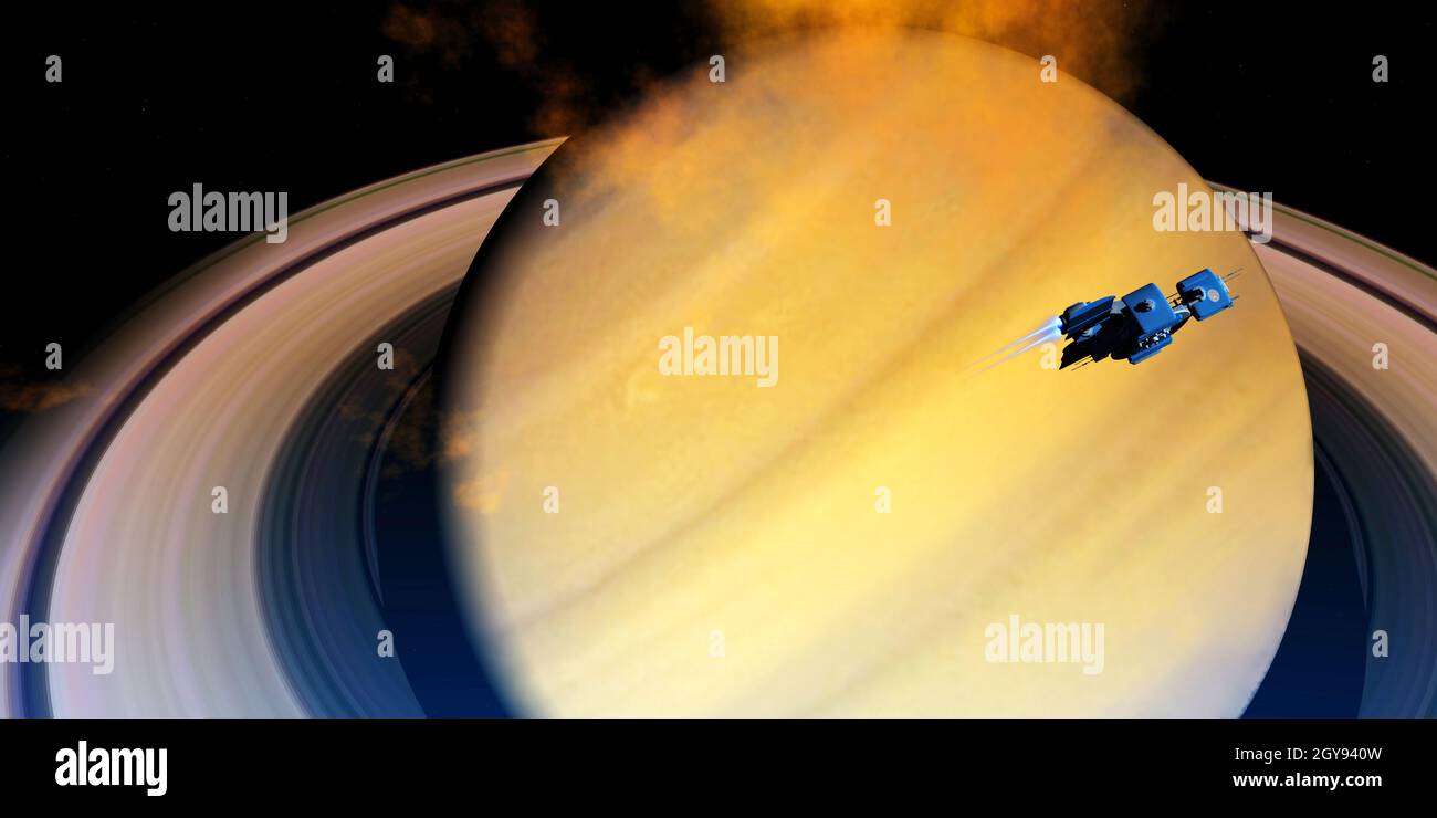 A spaceship from Earth visits Saturn which is the sixth planet from the Sun on an exploratory mission. Stock Photo