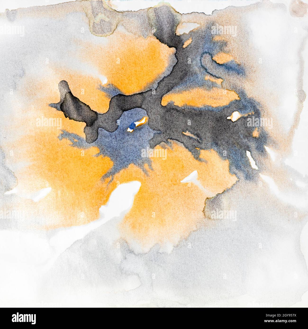 abstract hand-painted gray and yellow watercolour stains on white paper Stock Photo