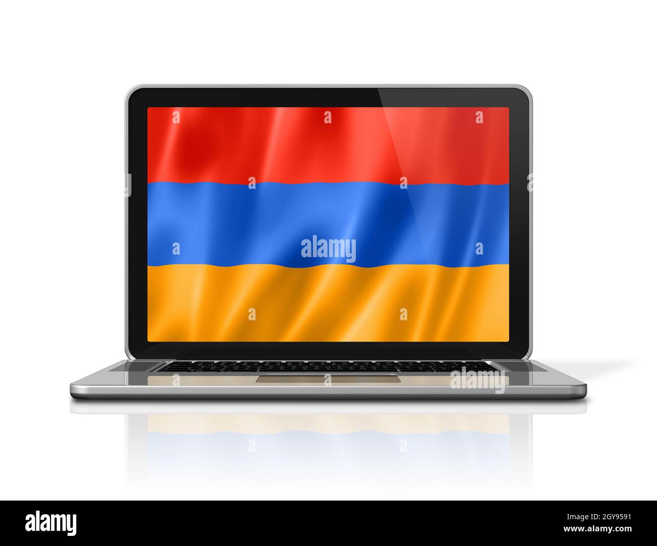 Romania Flag Computer Armenia flag on laptop screen isolated on white. 3D illustration render ...