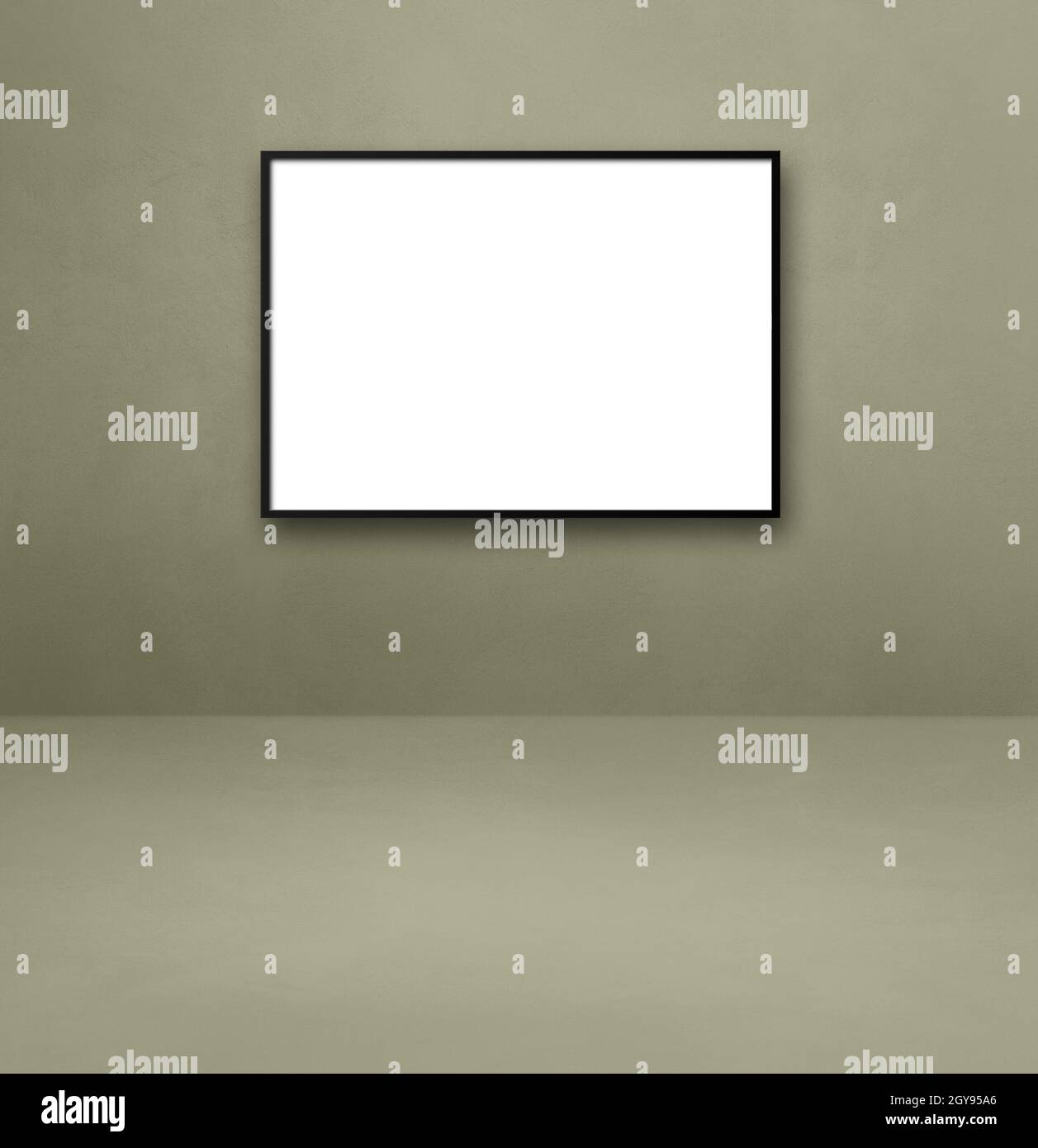 Black picture frame hanging on a grey wall. Blank mockup template Stock ...
