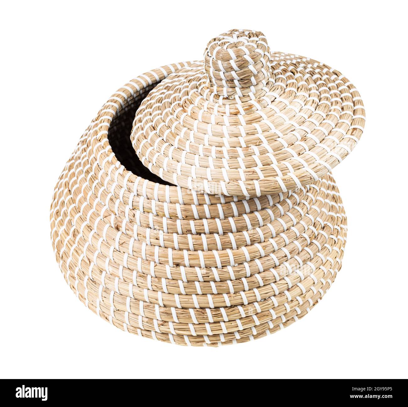 moroccan wicker basket from seagrass with slightly open lid isolated on