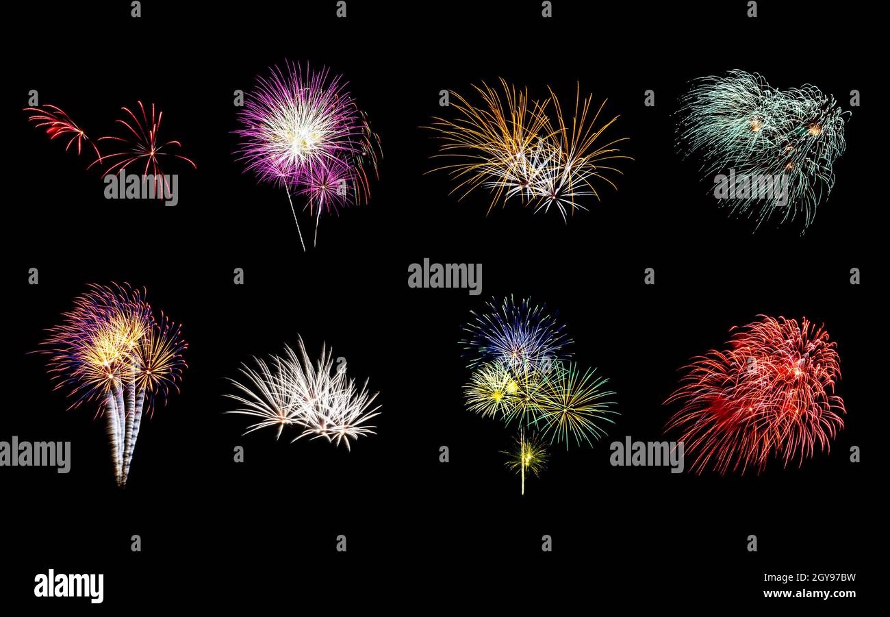 Eight colorful fireworks on black background Stock Photo