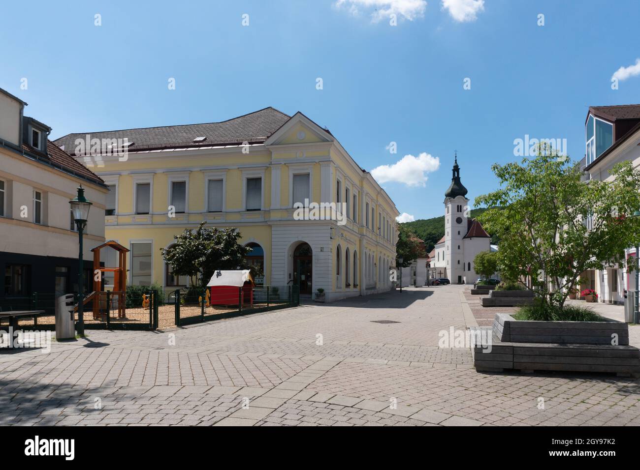 Purkersdorf close to Vienna in Austria. Main square of the small town in the western Viennese suburbs. Stock Photo