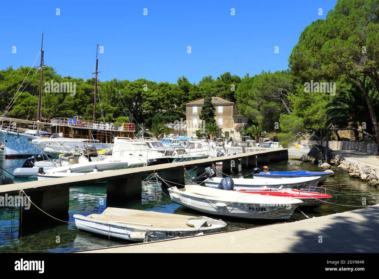 Mandre, Croatia 18th August, 2021. A beautiful picturesque seaport in a small coastal town on a sunny summer day Stock Photo