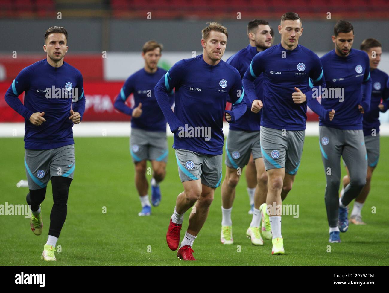 Kazan, Russia. 7th Oct, 2021. Slovak football players are seen during a  training session one day before a 2022 FIFA World Cup Group H Qualifying  Round football match against Russia. The game