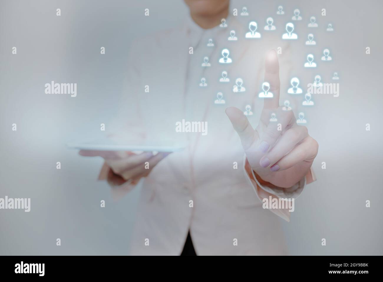 Lady Holding Tablet Pressing On Virtual Button Showing Futuristic Tech. Stock Photo