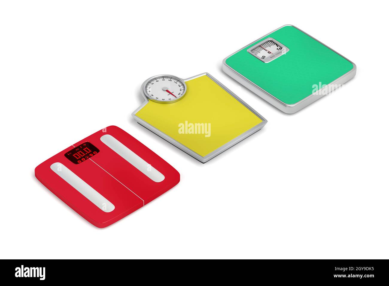 Three different weighing scales on white background Stock Photo Alamy