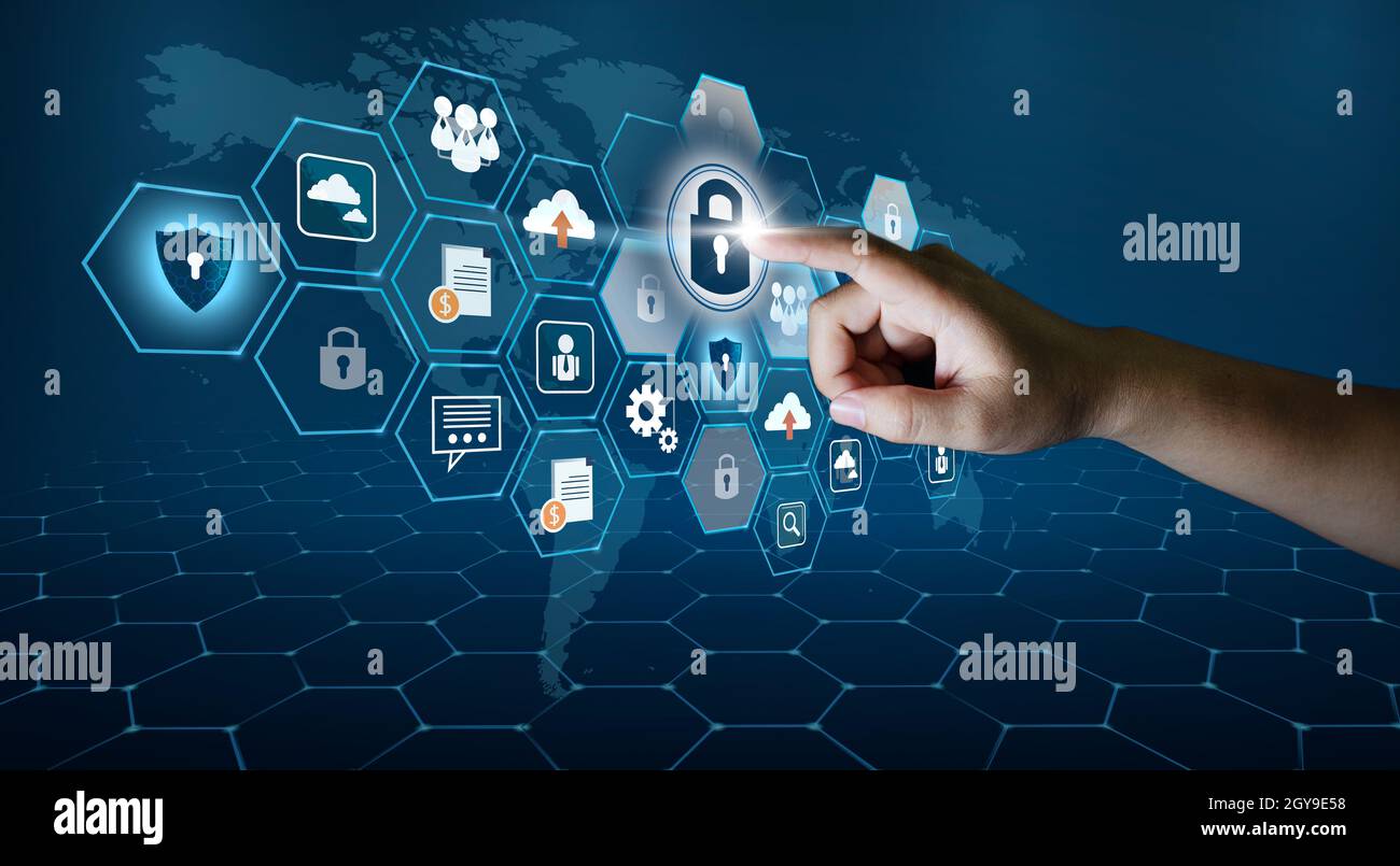 Highly secure IT device protection shield. blue background Stock Photo