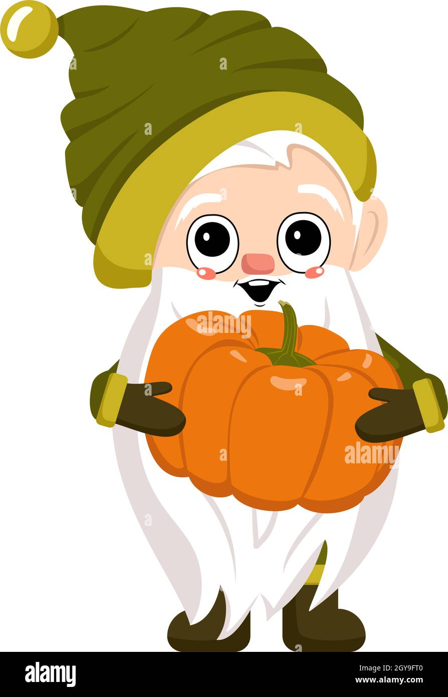 Little gnome with long white beard, cheerful face and pumpkin. Character for harvest festival, decorate house and garden Stock Vector
