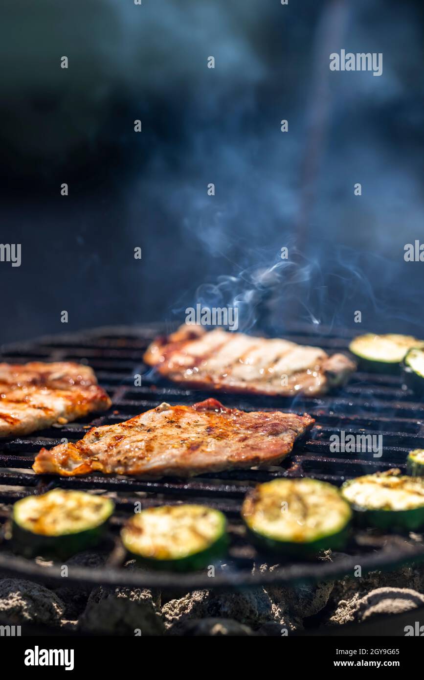 pork and zucchini, garden grill with charcoal Stock Photo Alamy