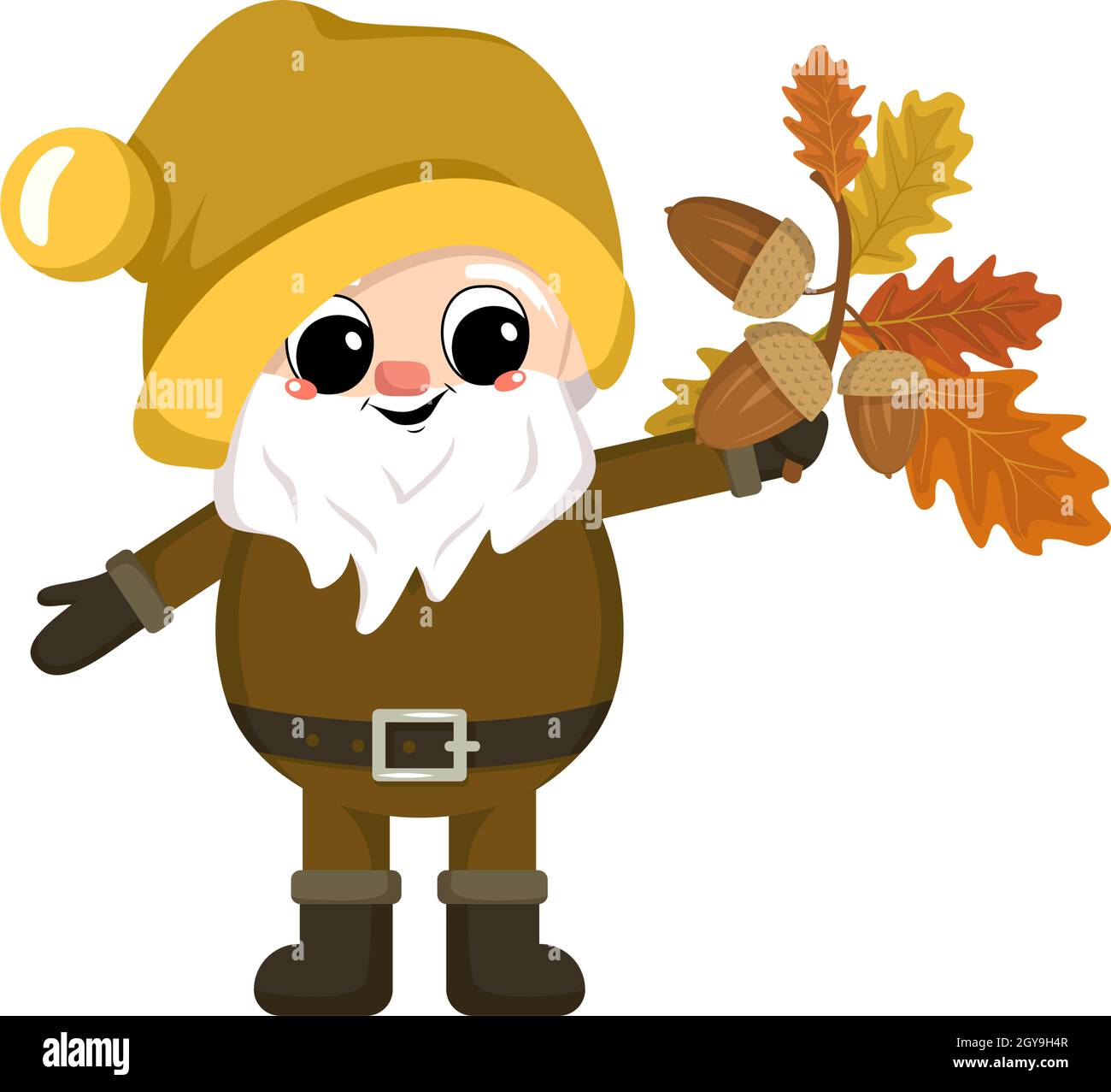 Little gnome with long white beard, cheerful face and acorn. Character for harvest autumn festival, Thanksgiving Day, decorate house and garden Stock Vector