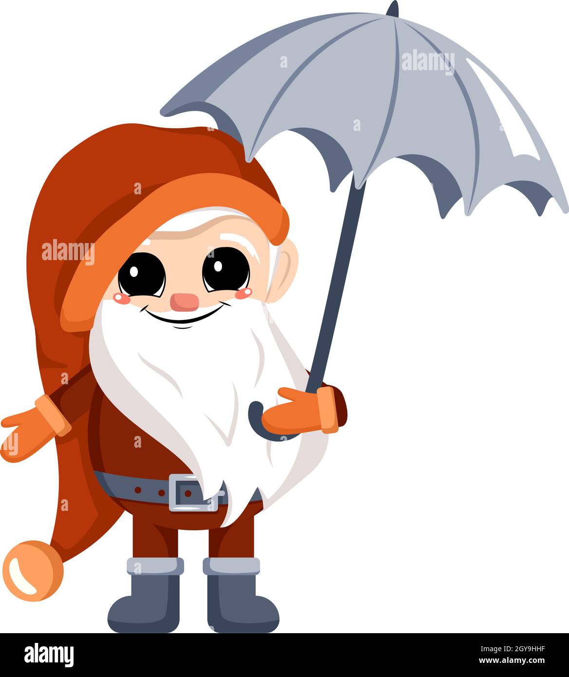 Little gnome with long white beard, cheerful face and umbrella. Character for harvest autumn festival, Thanksgiving Day, decorate house and garden Stock Vector