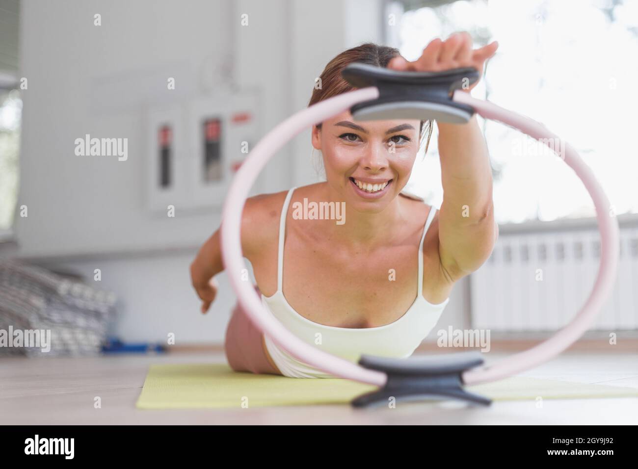 Exercises with pilates ring woman aerobics sport gym stock photo alamy