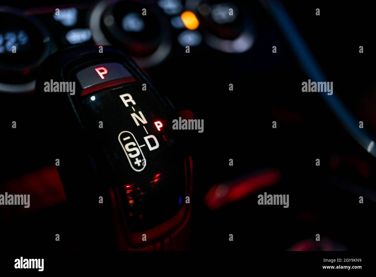 Automatic gearshift lever detail macro shot with selective focus Stock Photo