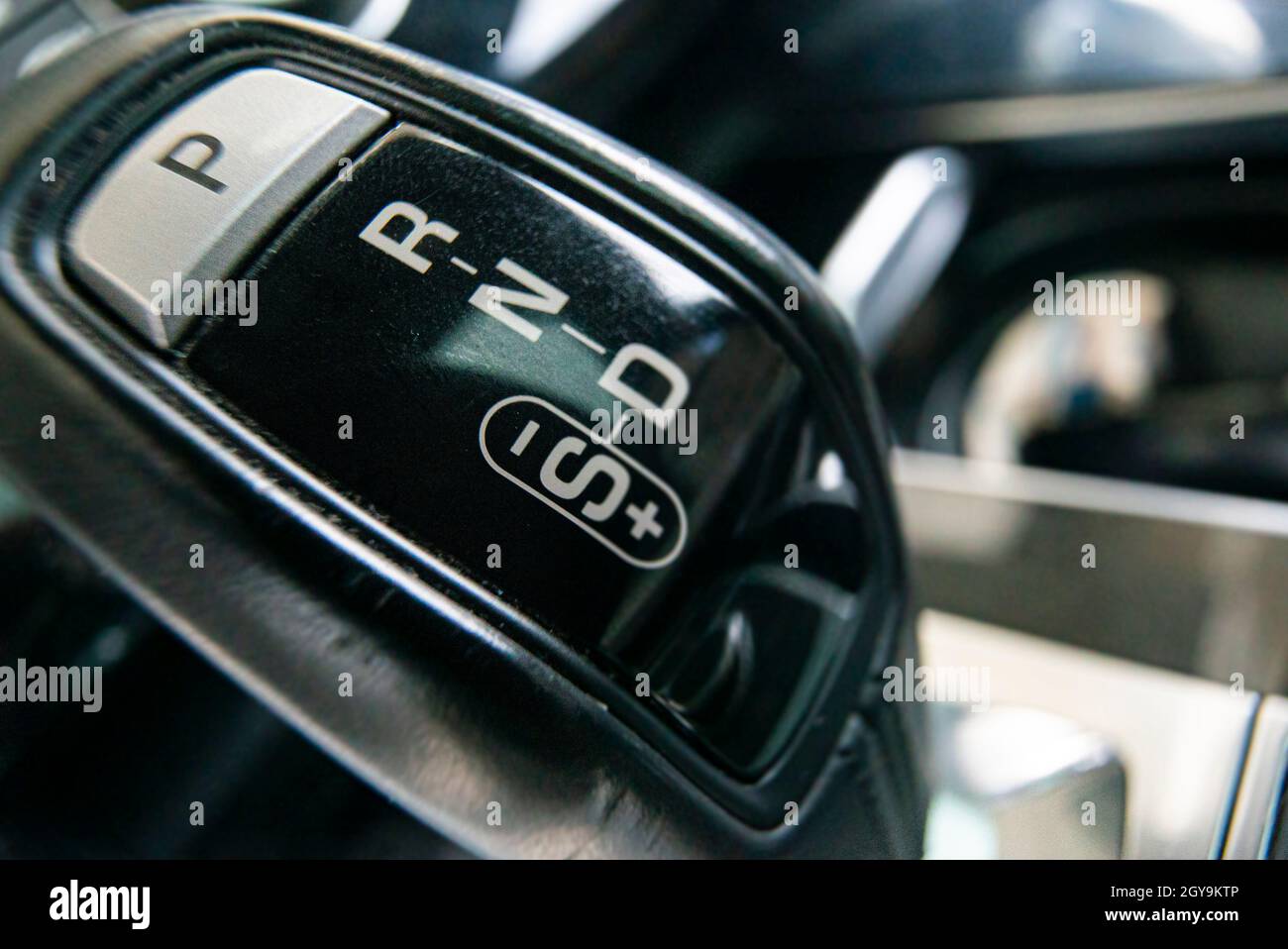 Automatic gearshift lever detail macro shot with selective focus Stock Photo