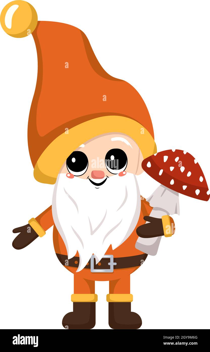 Little gnome with long white beard, cheerful face with fly agaric mushroom. Character for harvest autumn festival, Thanksgiving Day, decorate house and garden Stock Vector
