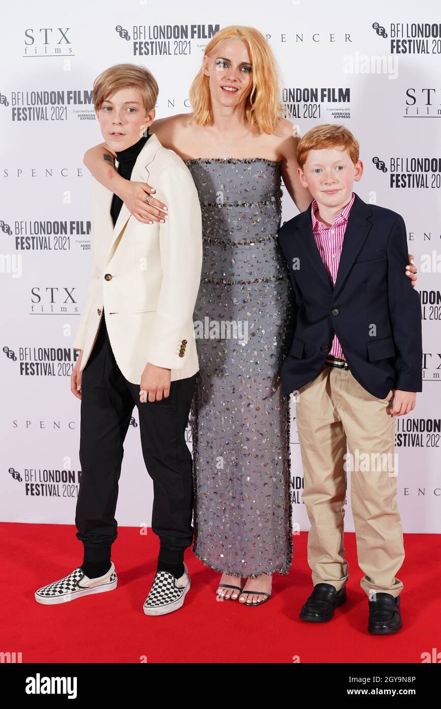 Jack Nielen, Kristen Stewart and Freddie Spry arrives for the UK premiere of Spencer at the Royal Festival Hall in London during the BFI London Film Festival. Picture date: Thursday October 7, 2021. Stock Photo
