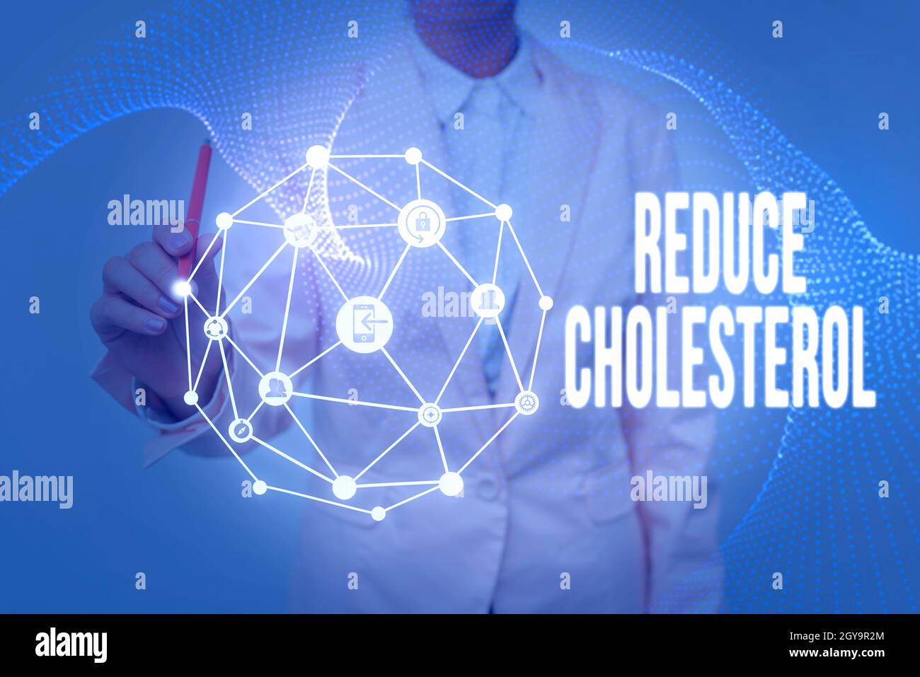 Text caption presenting Reduce Cholesterol, Business approach lessen the intake of saturated fats in the diet Lady In Uniform Holding Tablet In Hand V Stock Photo