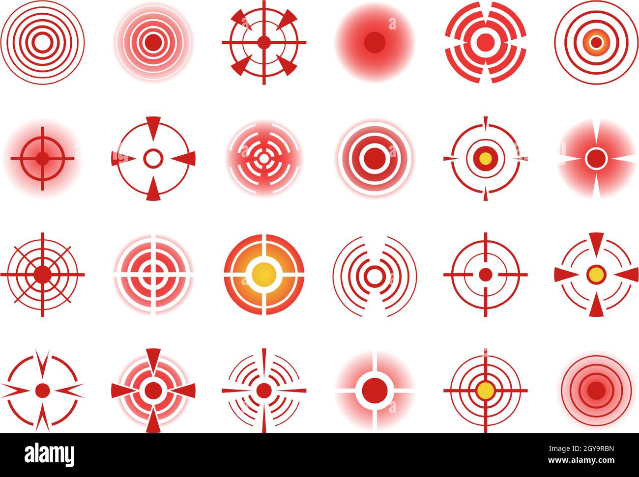 Red pain circle icon, body painful spots. Hurting joints or muscles