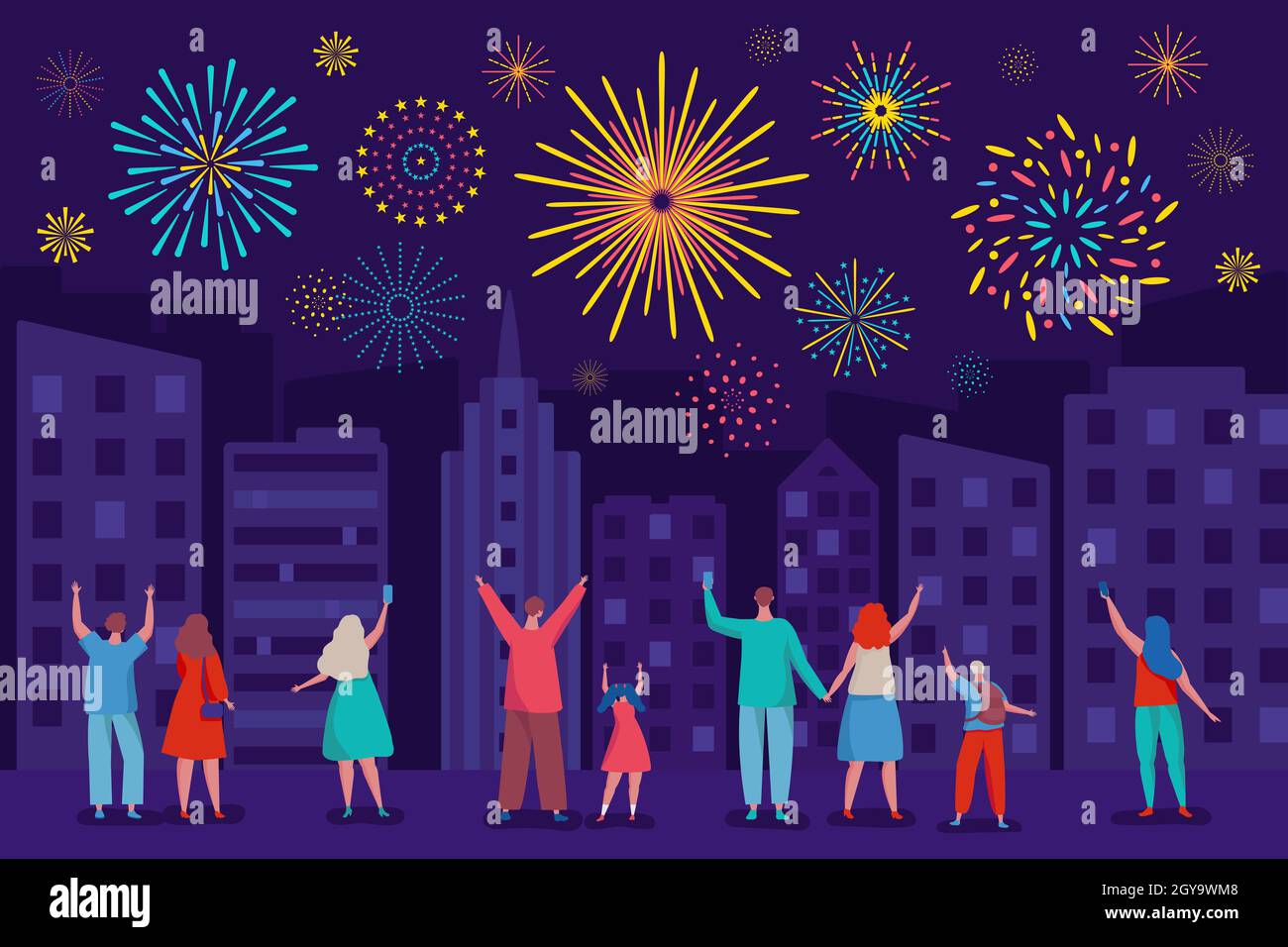 Happy people watching fireworks in night sky. City festival, holiday celebration with colorful firework explosions vector illustration. Parents with children taking photos on phone Stock Vector