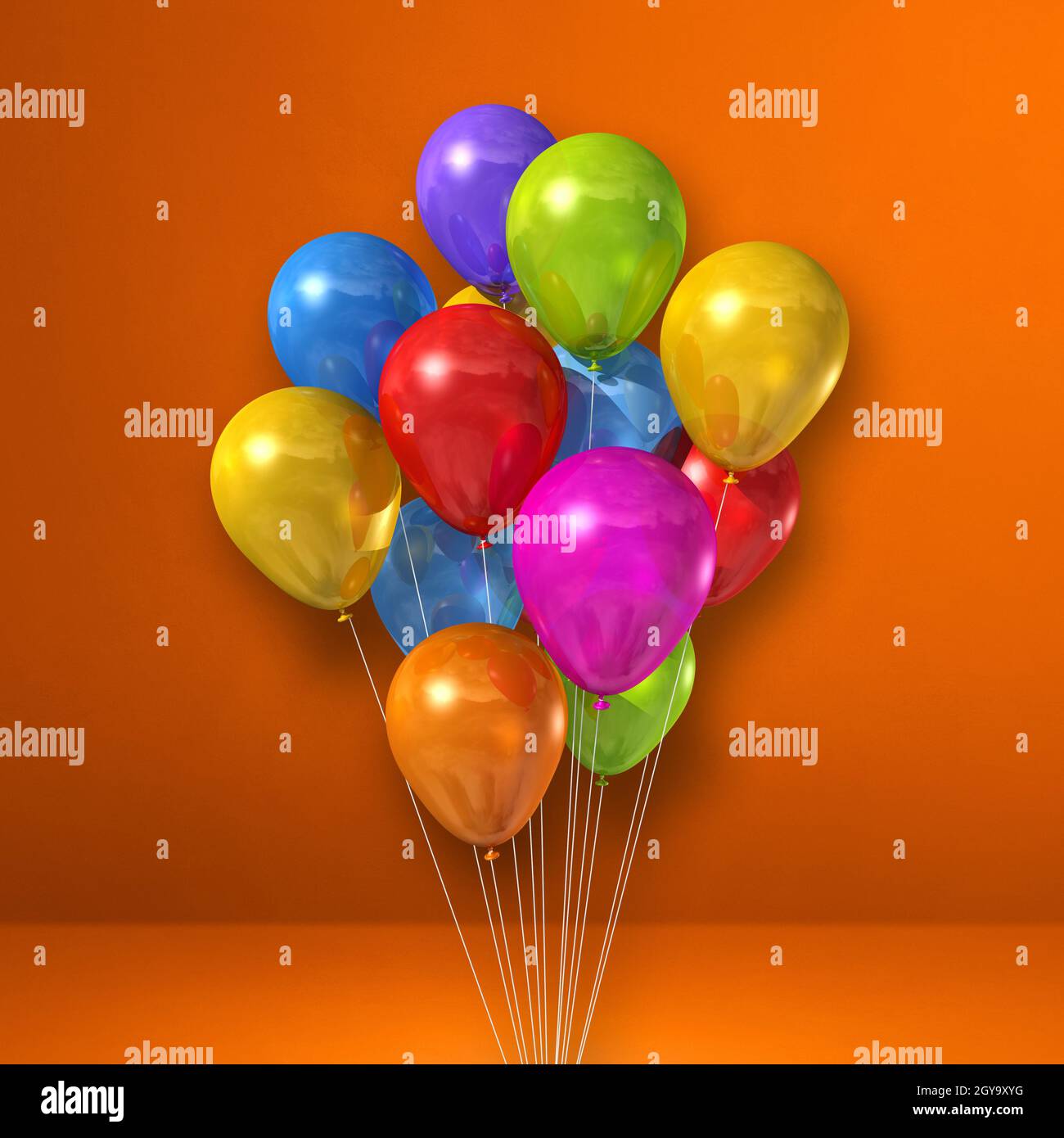 Colorful balloons bunch on orange wall background. 3D illustration ...