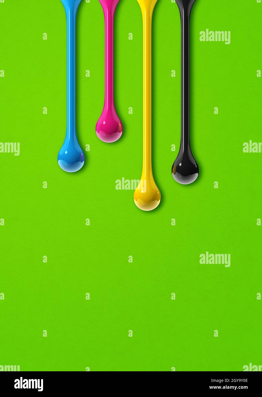 3D cmyk ink drops isolated on green paper background. Illustration ...