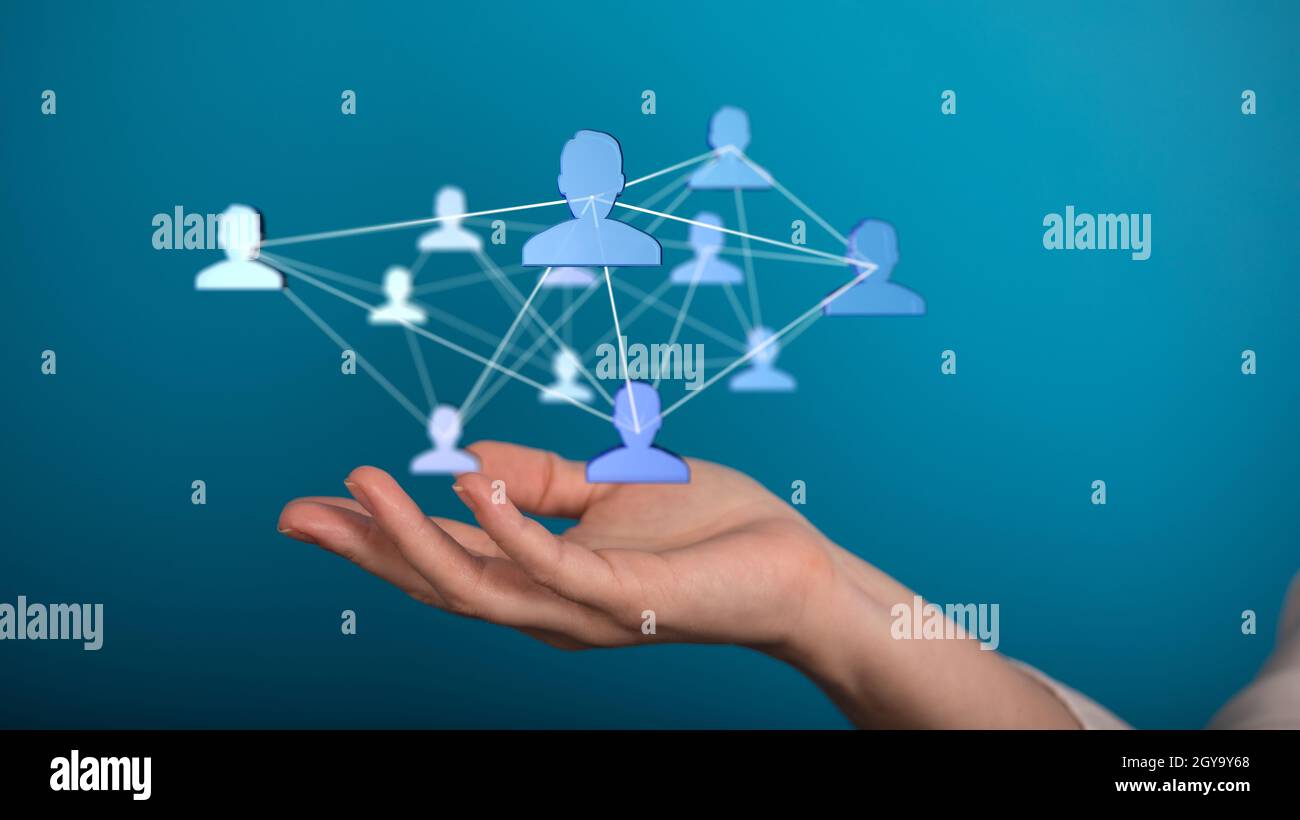 Conceptual wallpaper with floating icons and a hand on a blue ...