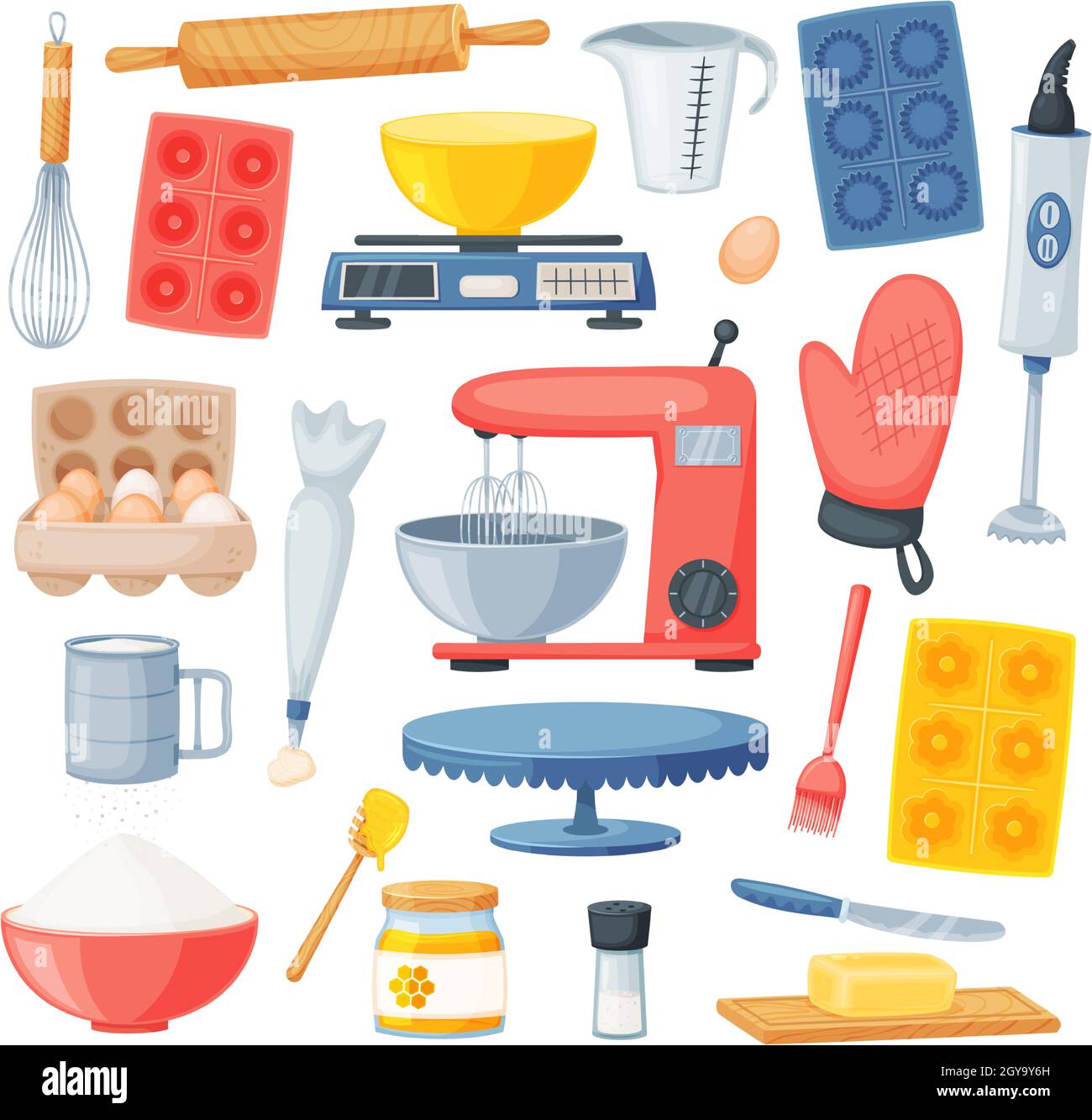 Cartoon cooking and baking ingredients, kitchen utensils. Flour, eggs,  honey, salt. Kitchenware and desserts bakery ingredient vector set.  Isolated supplies and tools for food cooking Stock Vector Image & Art -  Alamy