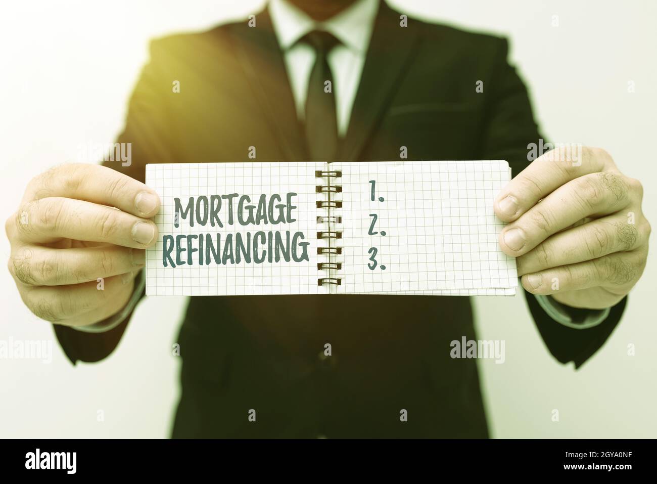 Writing displaying text Mortgage Refinancing, Business approach process of replacement of an existing debt obligation Presenting New Plans And Ideas D Stock Photo