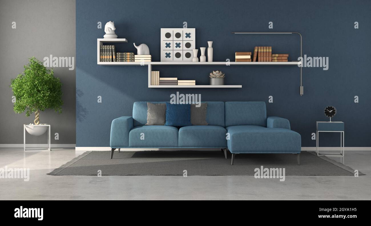 Modern living room with blue sofa ,shelves,books and decor objects - 3d ...